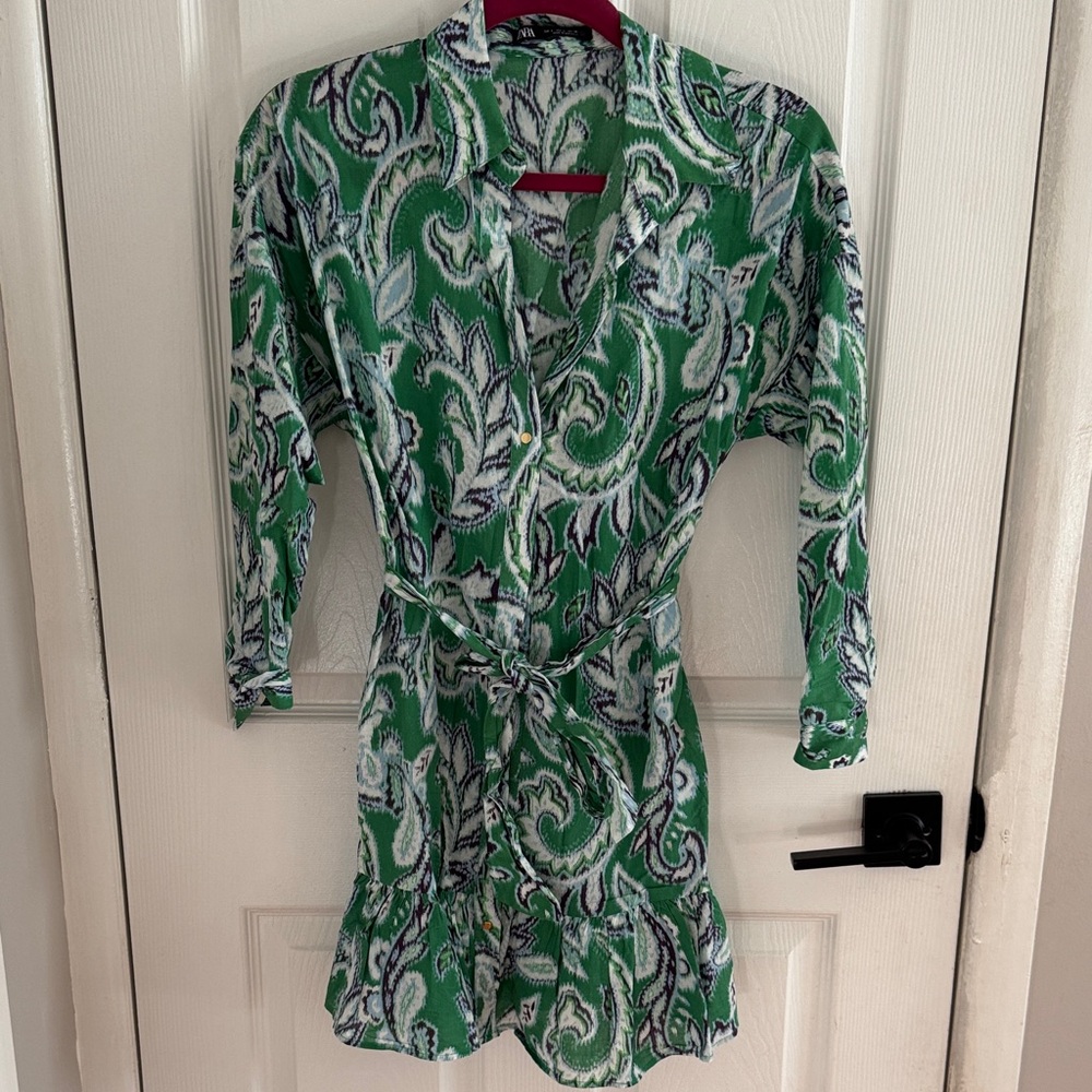 Zara Green Patterned Button-Up Dress